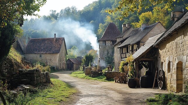 A lively medieval festival unfolds in a quaint village with knights and villagers celebrating together on a cloudy day