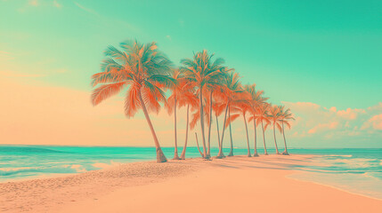 Vintage Tropical Beach with Palm Trees and Ocean Waves – Retro Film-Style Sunset and Paradise Landscape
