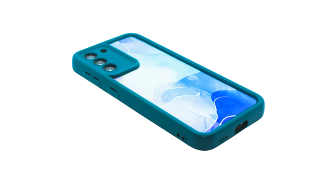 Mobile Phone Back Side View Isolated on Transparent Background. PNG File. Perspective smartphone back side on white background. Isometric smartphone back side.