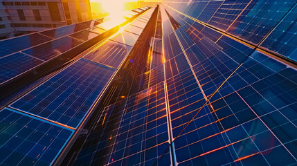 Solar panels covering a large rooftop, capturing sunlight to generate clean energy.