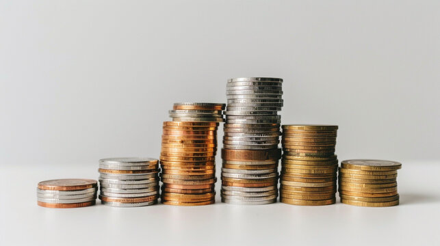 Stack of coins growing taller &ndash; different sized stacks of coins, symbolizing increasing investment returns, plain background.
