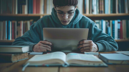 Student studying with books and a laptop at a desk – focused student reading a book, laptop and notebooks on the desk, clean and modern study space.