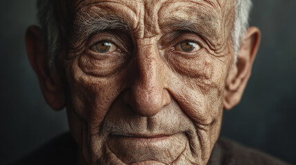 A detailed portrait of an elderly man with deep wrinkles and wise eyes, set against a simple background
