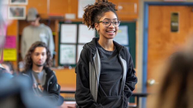 Student presenting a project in class – confident student standing at the front with a visual aid, classmates paying attention.
