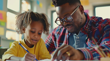 Teacher helping a student at their desk – focused student receiving individual attention, caring teacher guiding them.