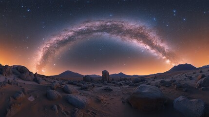 A stunning view of the Milky Way arching over rocky landscapes in the Atacama Desert at twilight