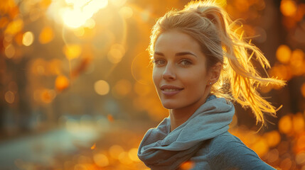 Fototapeta premium A young woman smiles warmly in sunlit autumn setting, surrounded by golden leaves. Her hair flows gently in breeze, capturing serene beauty of season