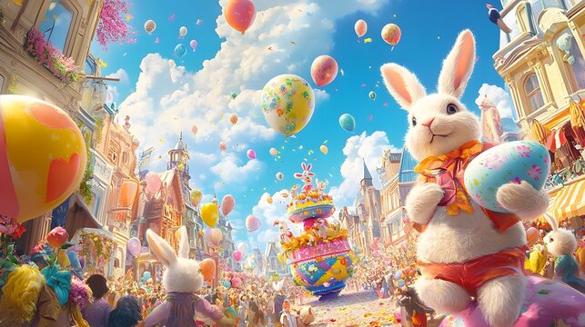 A cool style Easter parade with colorful floats, decorated bunnies, and people celebrating, high quality, sharp images, graphic, illustration
