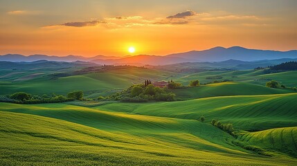 Obraz premium Scenic sunset over rolling green hills in the countryside reveals a captivating view of nature's beauty at dusk