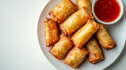 A plate of fried dumplings with a dipping sauce