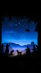Christmas Nativity scene at night mostly silhouette
