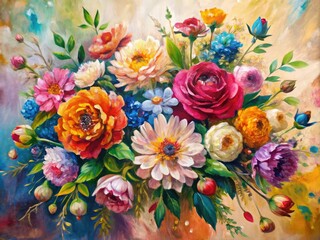 Vibrant acrylic floral artwork adorns a neutral background, boasting intricate brushstrokes that dance across the canvas, bringing to life a whirlwind of color.