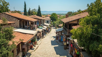 Obraz premium Charming cobblestone street in a historic village with traditional shops under clear blue skies in summer