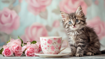 Adorable fluffy kitten posing next to a floral teacup with a soft pink rose decorated background adding charm and elegance to this delightful scene.
