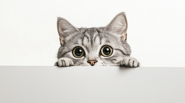 Curious cat looking over white banner background