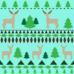 Colorful deer and trees on blue pattern