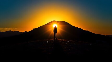 Dramatic sunset fades behind the silhouettes of towering mountains with a solitary figure standing in the shadows evoking a sense of contemplative farewell and unseen wonder
