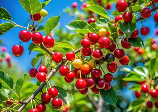 Vibrant green leaves set against a backdrop of sunlight adorn the capulin cherry tree, where red berries ripen to perfection.