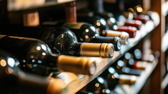 Wine bottles resting in a wine cellar rack