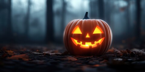 Carved pumpkin with a glowing face, set in a dark, misty forest.