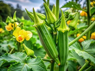 Vibrant okra plant showcases large green leaves, plump edible seed pods, and bright yellow flowers, bursting with life and flavor.