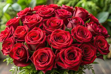 Obraz premium Vibrant red roses with soft, velvety petals form a lush bouquet, filled with romance and passion, evoking feelings of love and devotion.