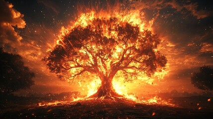 Inferno Roots - Massive tree with fiery roots exploding in a majestic detonation of flames