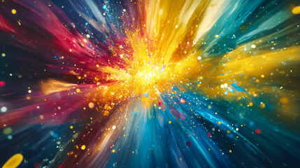Naklejka premium A dynamic burst of colors and abstract shapes emerging from a single point, symbolizing the spark of innovation and new ideas