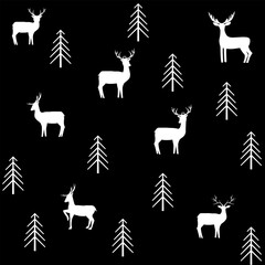 Chaotic white deer trees on black seamless pattern