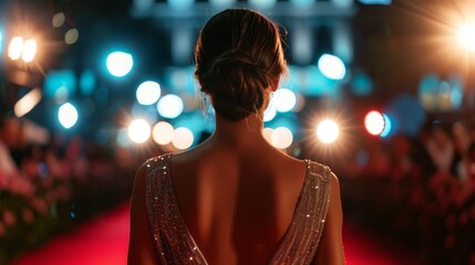A woman in a glamorous gown walks a red carpet, her back to the camera, with blurred lights and crowd in the background.