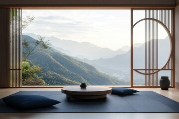 modern interior design of tatami japanese room with luxury dark blue sitting pillows and table isolated on beautiful mountain background 
