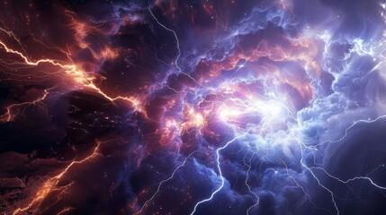 Abstract digital art of fiery and electric lightning streaks in a swirling vortex.