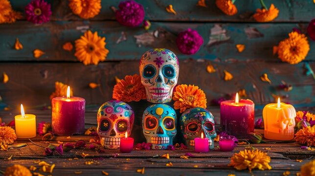 Vibrant day of the dead altar featuring colorful sugar skulls, candles, and marigolds on wood table