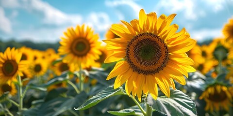 Fototapeta premium A field of yellow sunflowers with a single flower in the foreground