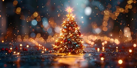 Naklejka premium A Christmas tree with lights and ornaments is lit up in a blurry, glowing image 