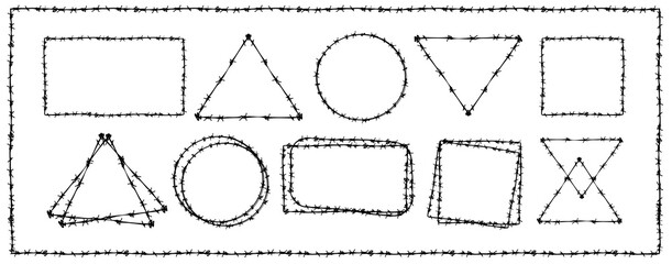 Barb wire shapes, border and pattern texture design vector graphic. Basic geometric shapes collection vector set. Brush and stroke vector design. 