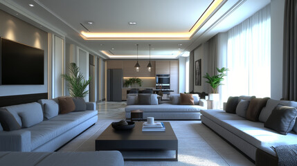 Modern living room with elegant furniture, soft lighting, and cozy atmosphere. space features large windows, stylish decor, and contemporary kitchen in background, creating welcoming environment