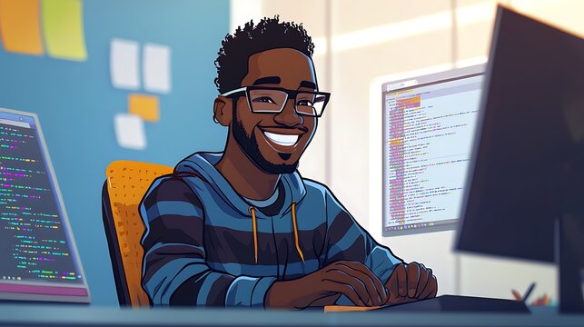 Joyful Black Software Developer Bringing Ideas to Life Through Coding in a Cartoon Style Illustration