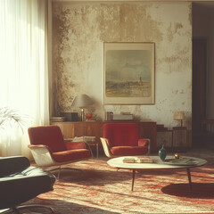 A cozy living room featuring vintage furniture, warm sunlight streaming through large windows, and...