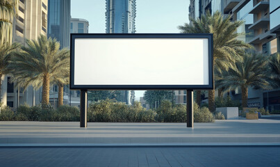 Fototapeta premium A large blank billboard stands prominently in an urban setting, surrounded by palm trees and modern buildings. scene conveys sense of potential and opportunity