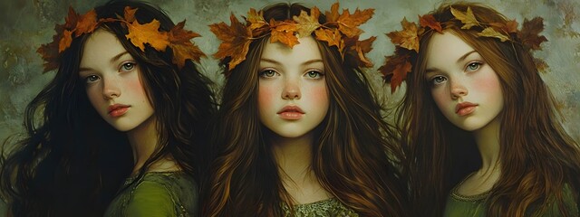 Obraz premium A drawing of three beautiful women with long hair, the one in the front has her eyes closed and is wearing an elven dress made from leaves
