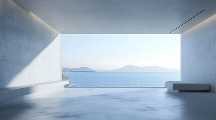 Minimalist Interior Design with Sea View 3D Illustration