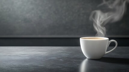 A steaming cup of coffee sits on a dark grey countertop.