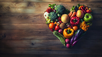 A variety of fresh vegetables form a heart shape against a wooden background, promoting healthy eating and the importance of a balanced diet with a colorful, vibrant display.