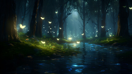 Fireflies flying in the forest