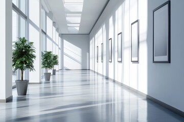 Modern Office Interior with Posters in a Sparse Gray Hallway