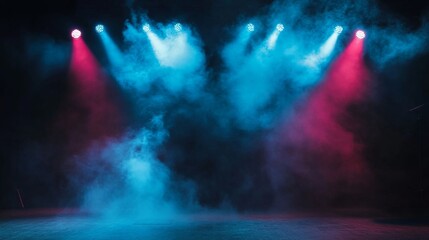 Empty stage with spotlights and smoke banner background with copy space