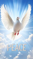 White Dove Flying with the Word "Peace" Written in the Sky in the Form of a Cloud, Abstract Image, Texture, Pattern Background, Wallpaper, Cover and Screen for Smartphone, PC, Laptop, 9:16 and 16:9 Fo