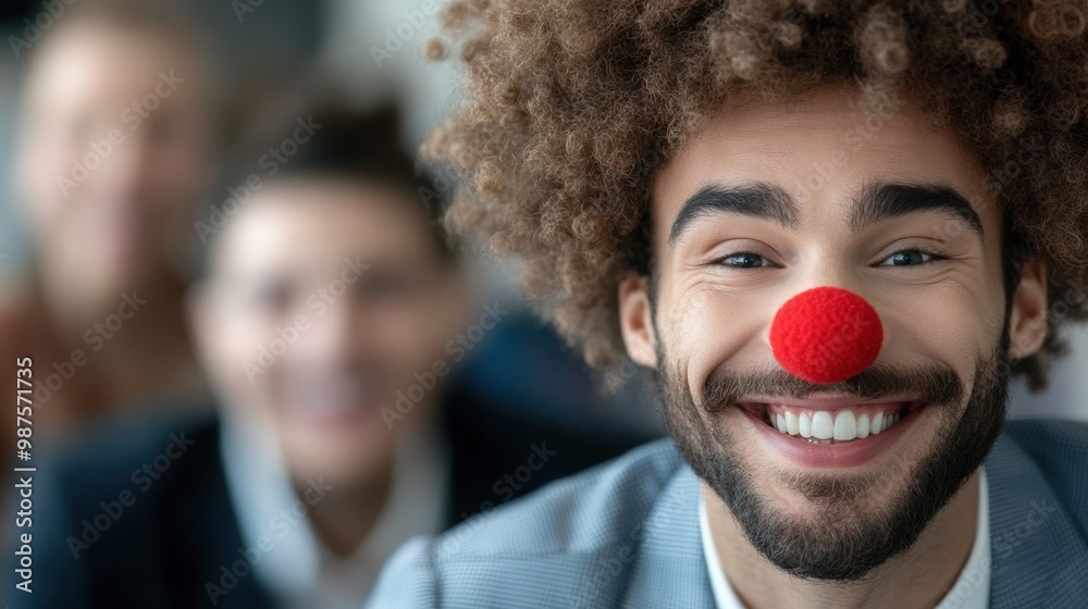 Canvas Prints A man with a red nose and curly hair smiling at the camera, AI