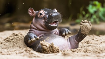 Baby pygmy hippo rolling in soft sand by the riverside, having fun on a warm day